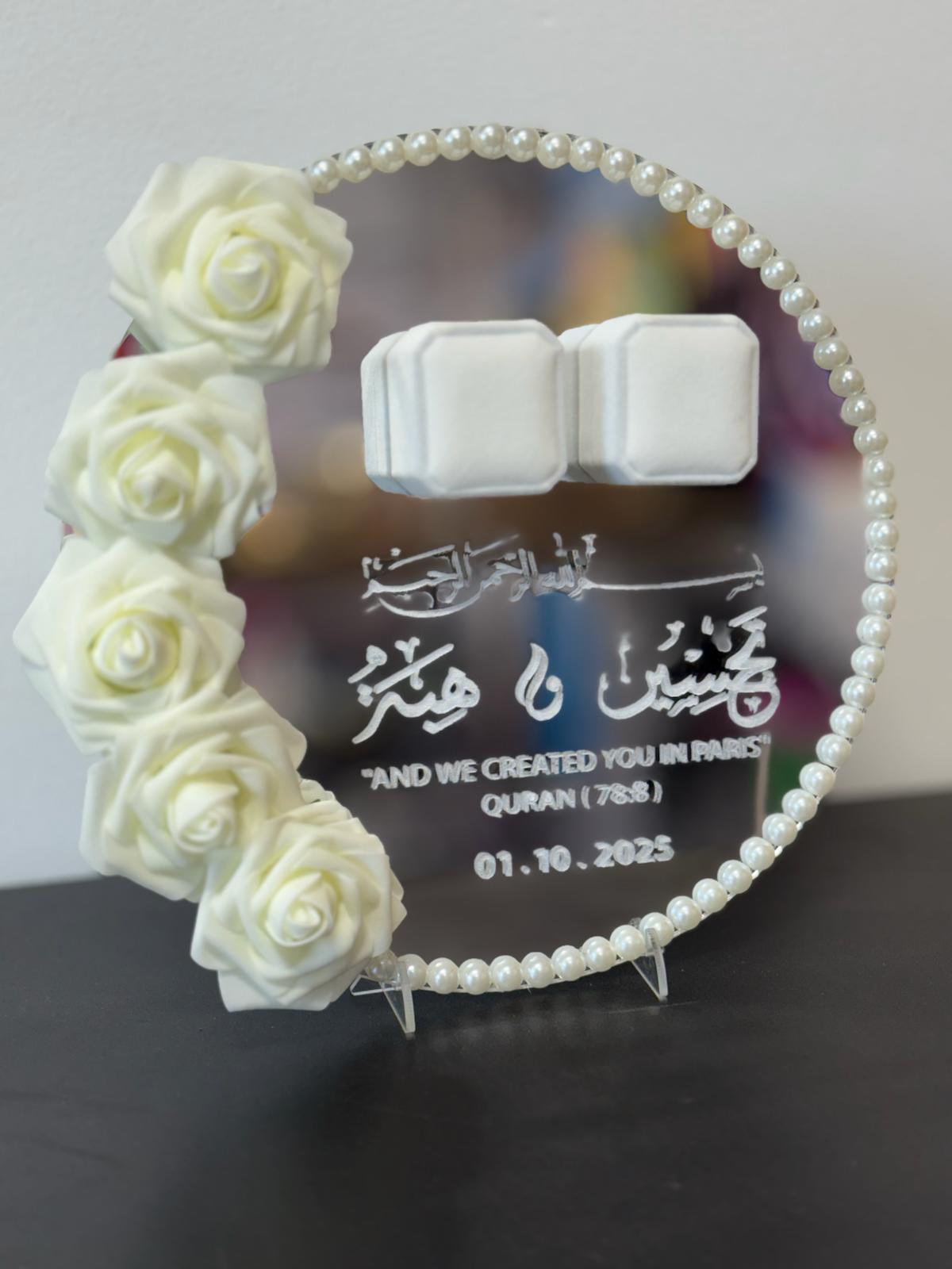 Pearl & Rose Arabic Engagement Ring Holder – Personalized Quranic Verse Mirror Tray
