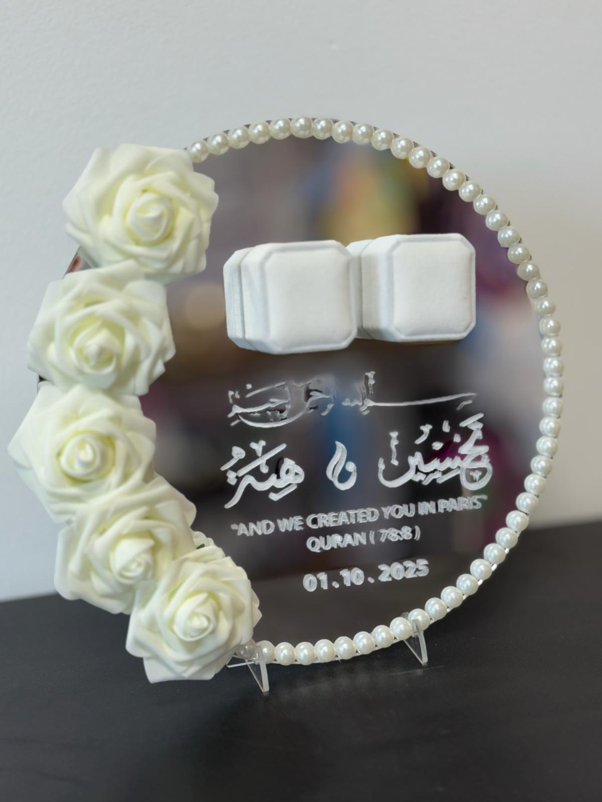 Pearl & Rose Arabic Engagement Ring Holder – Personalized Quranic Verse Mirror Tray