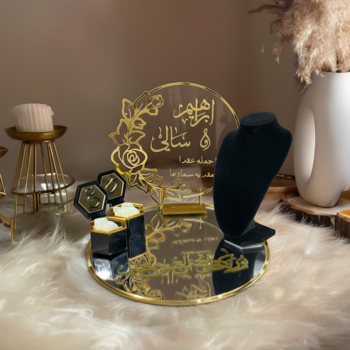 Golden Arabic Engagement Tray with Jewelry Holders – Personalized Mirror Wedding Platter