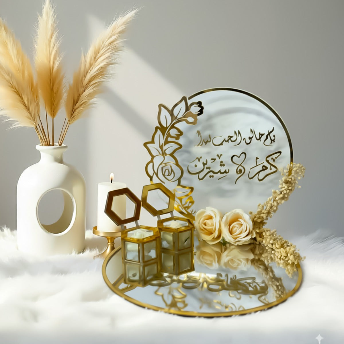 Golden Elegance Arabic Wedding Engagement Tray – Personalized Mirror Platter with Ring & Jewelry Holders