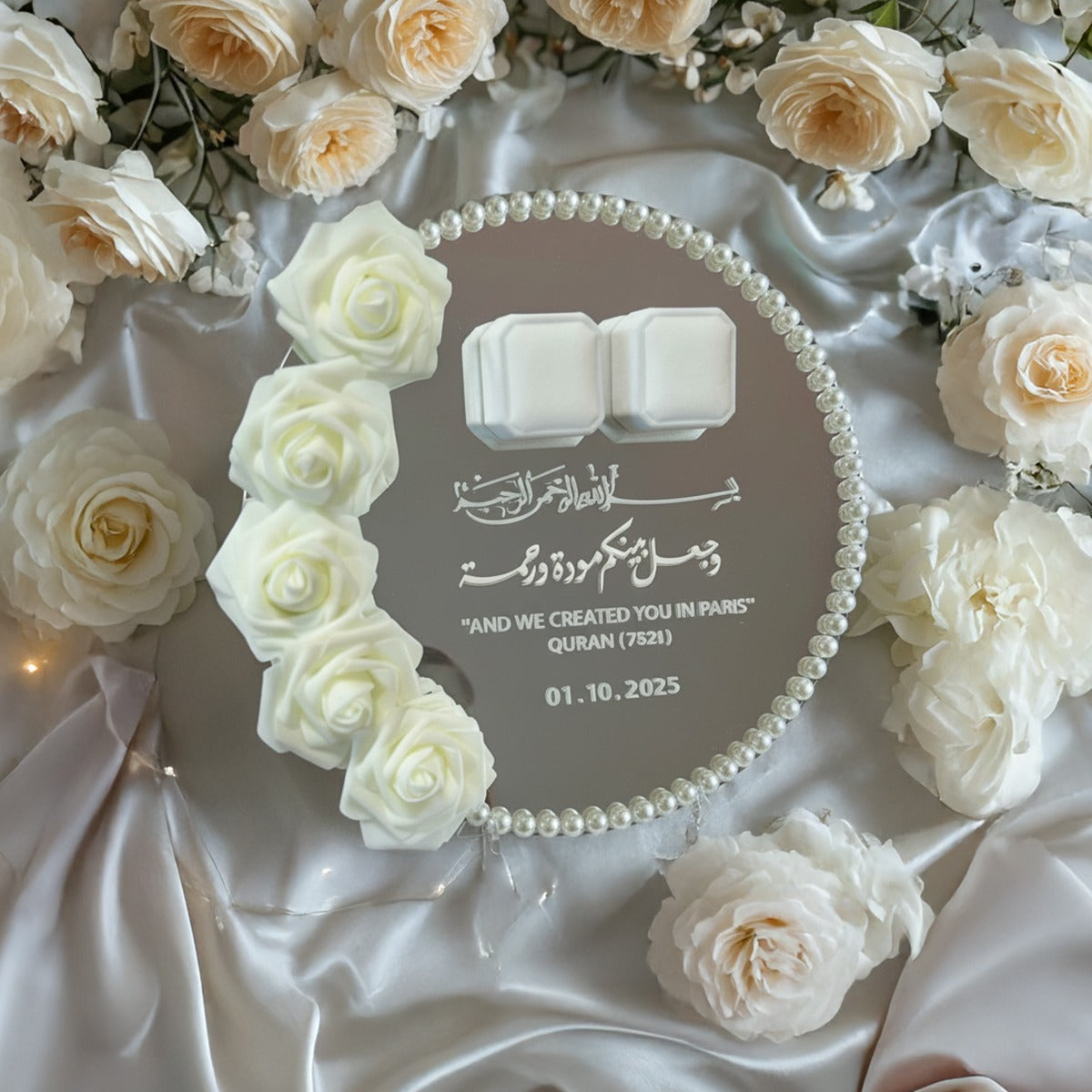 Pearl & Rose Arabic Engagement Ring Holder – Personalized Quranic Verse Mirror Tray