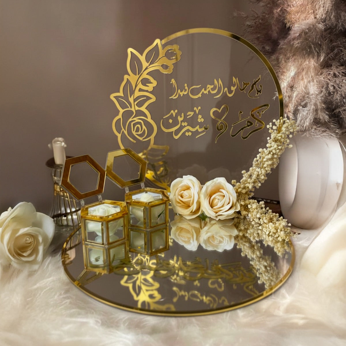 Golden Elegance Arabic Wedding Engagement Tray – Personalized Mirror Platter with Ring & Jewelry Holders
