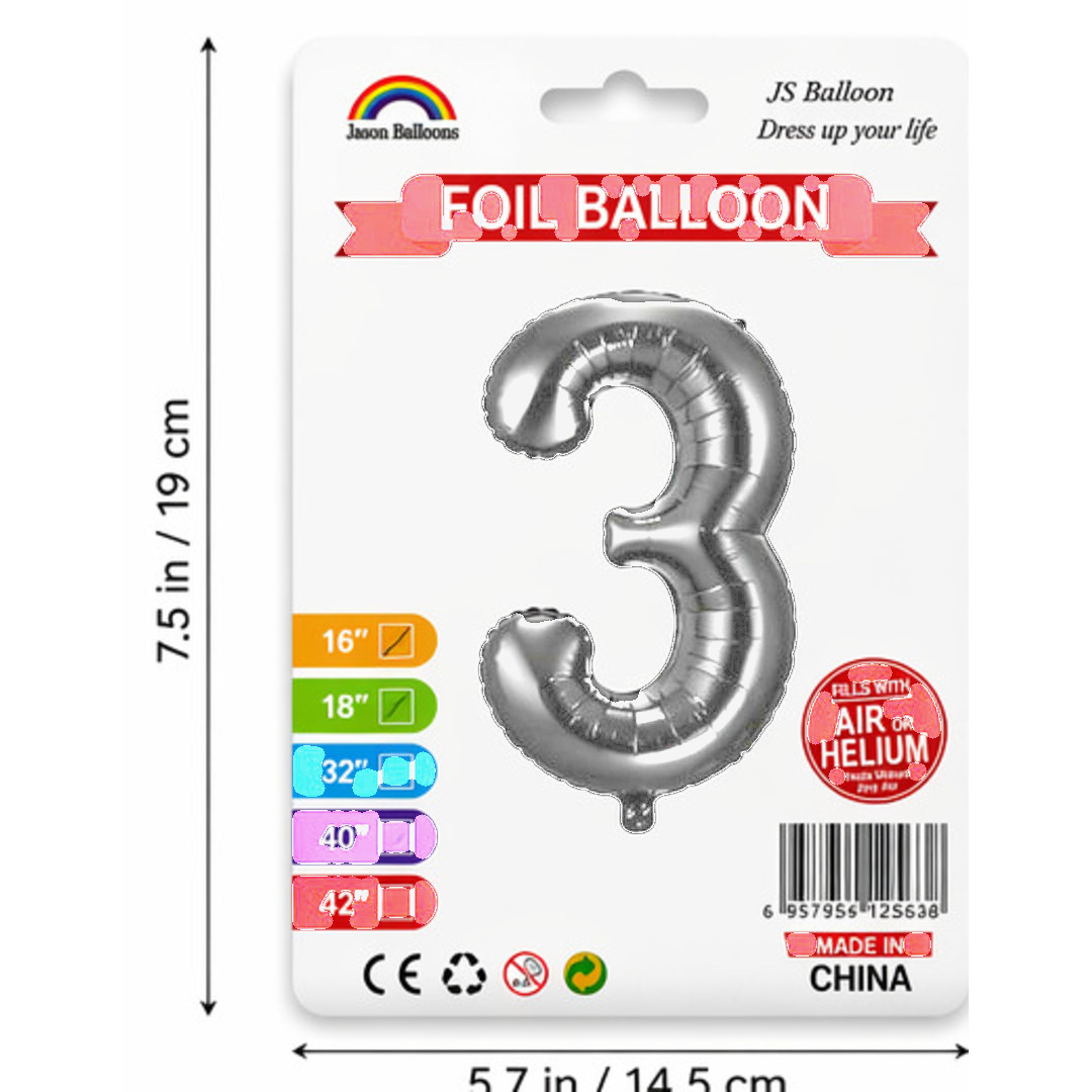 Number 3 Foil Balloon — Silver