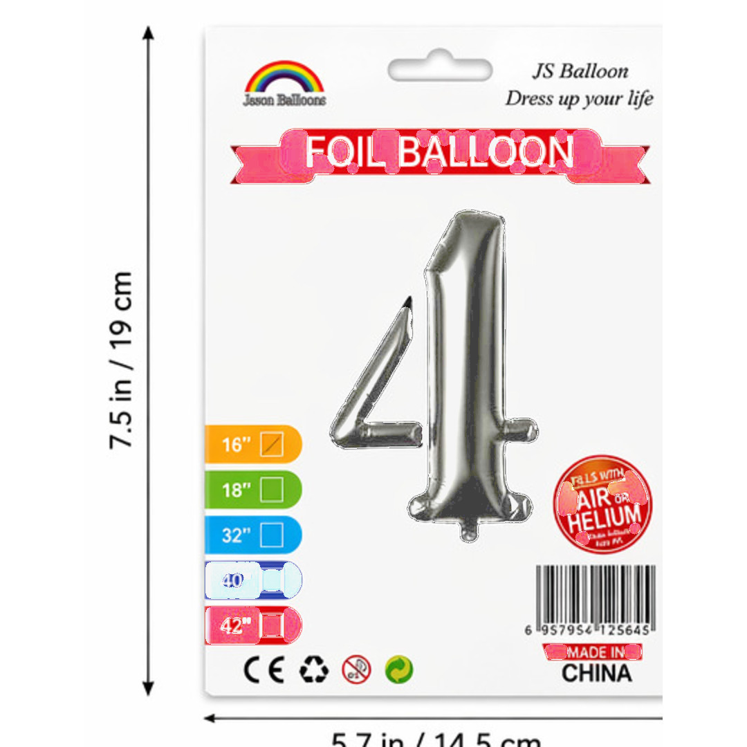 Number 4 Foil Balloon — Silver