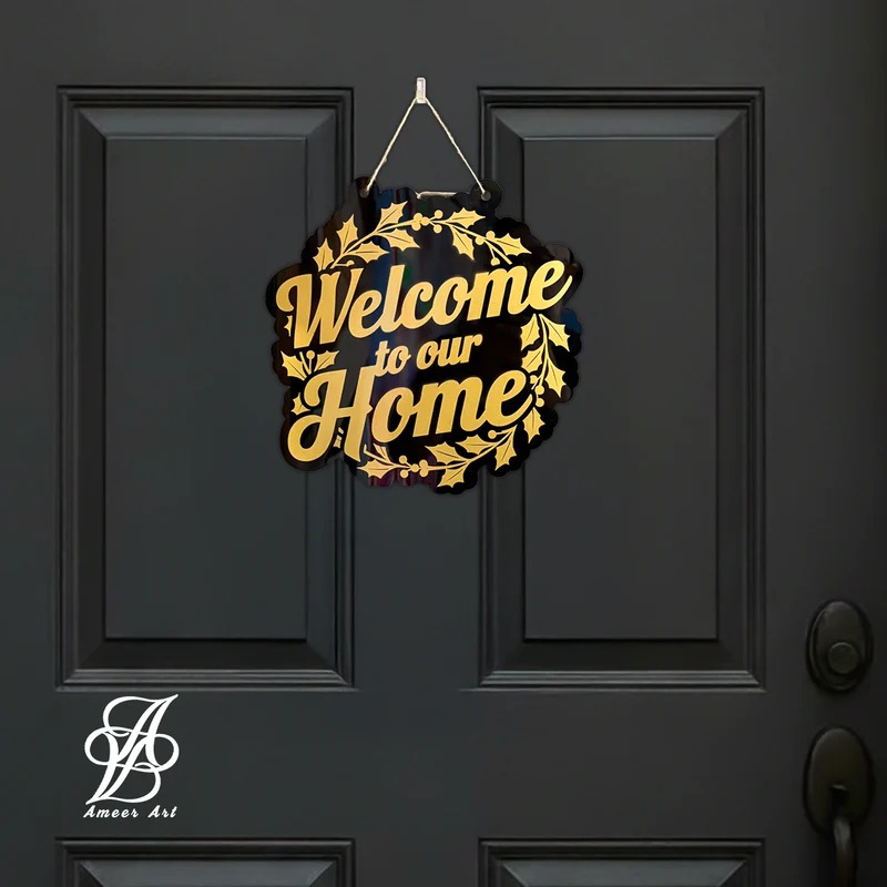 "Welcome to our Home" Wreath Sign — Black & Gold