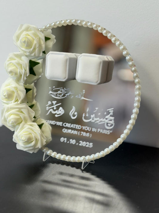 Pearl & Rose Arabic Engagement Ring Holder – Personalized Quranic Verse Mirror Tray