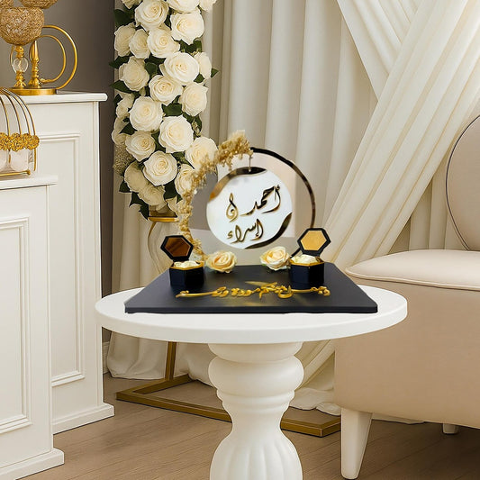 Floating Circle Arabic Engagement Tray – Personalized Ring Holder with Modern Base