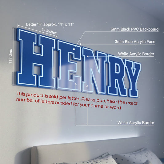 Custom 3D Wall Name Sign – Blue Acrylic Face with White Border & Black PVC Base