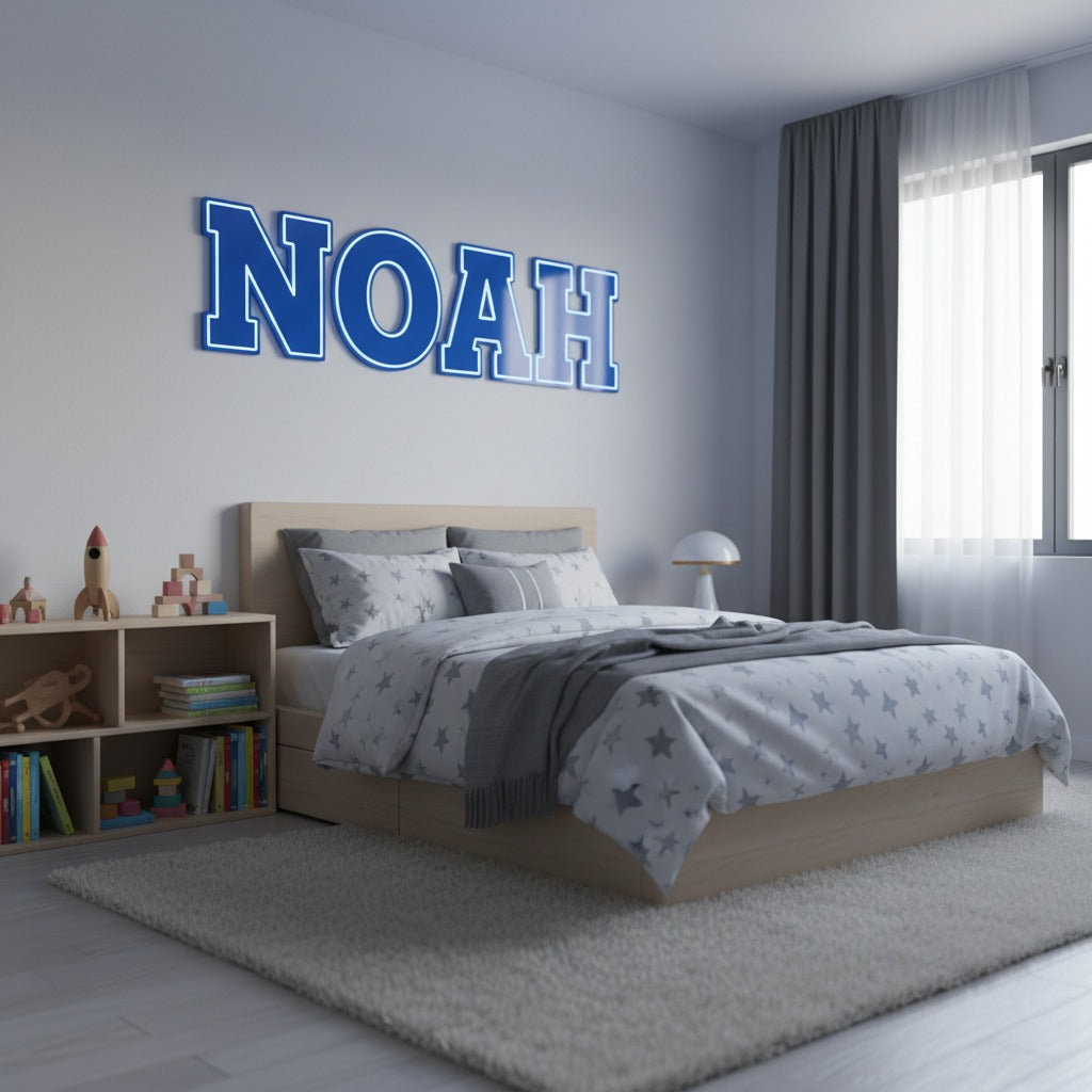 Custom 3D Wall Name Sign – Blue Acrylic Face with White Border & Black PVC Base