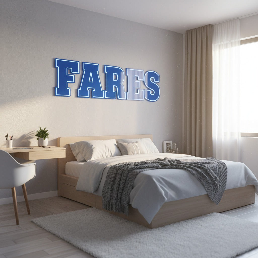 Custom 3D Wall Name Sign – Blue Acrylic Face with White Border & Black PVC Base