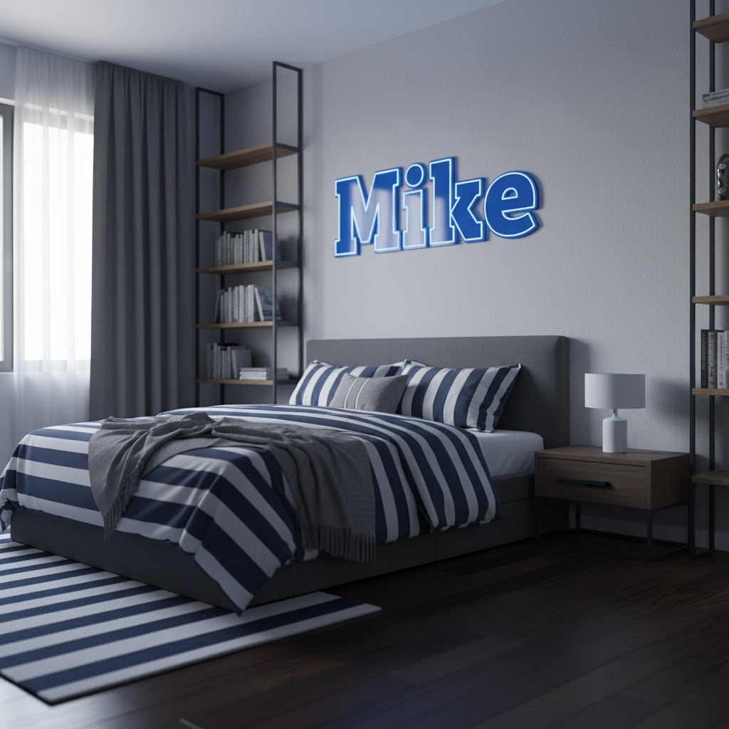 Custom 3D Wall Name Sign – Blue Acrylic Face with White Border & Black PVC Base