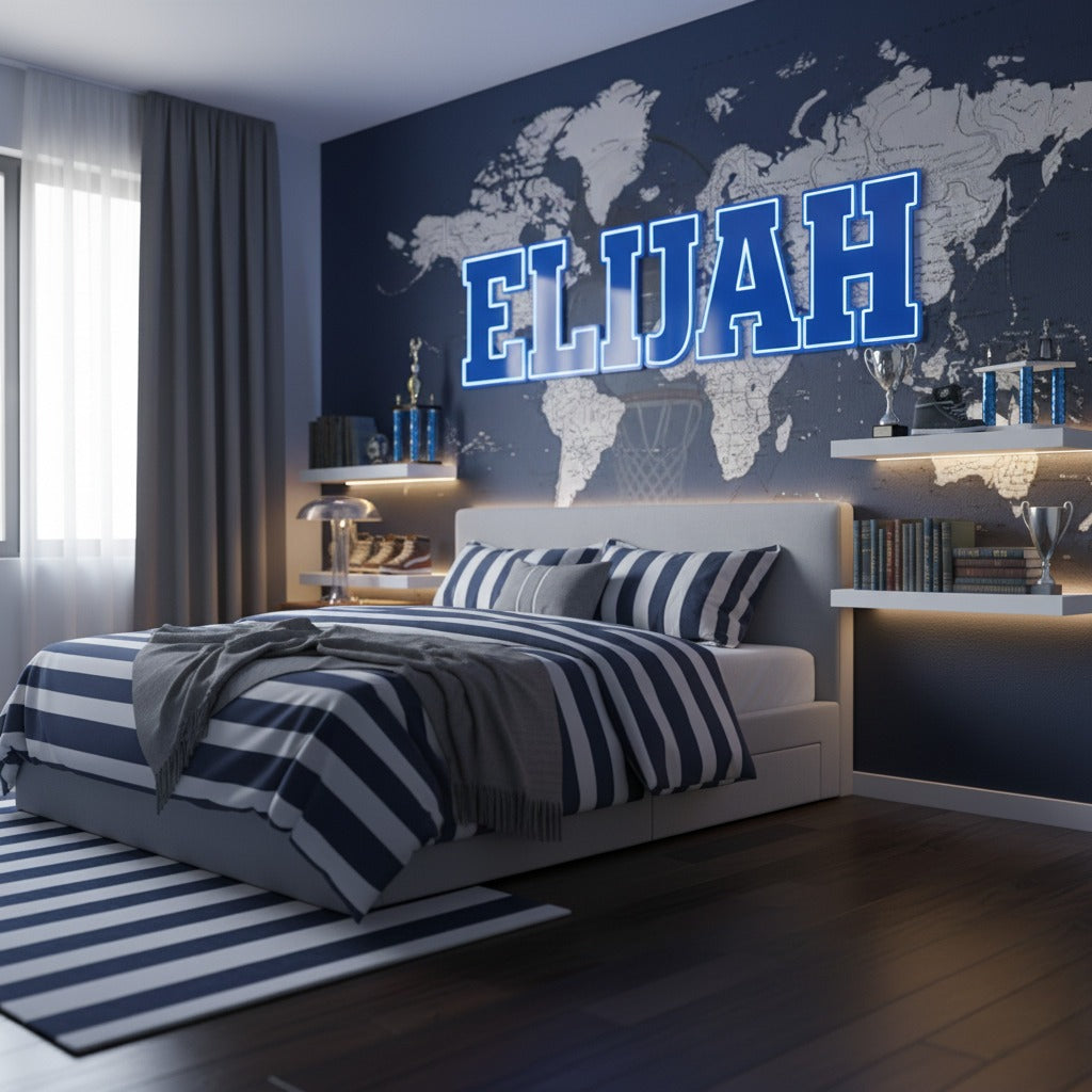 Custom 3D Wall Name Sign – Blue Acrylic Face with White Border & Black PVC Base