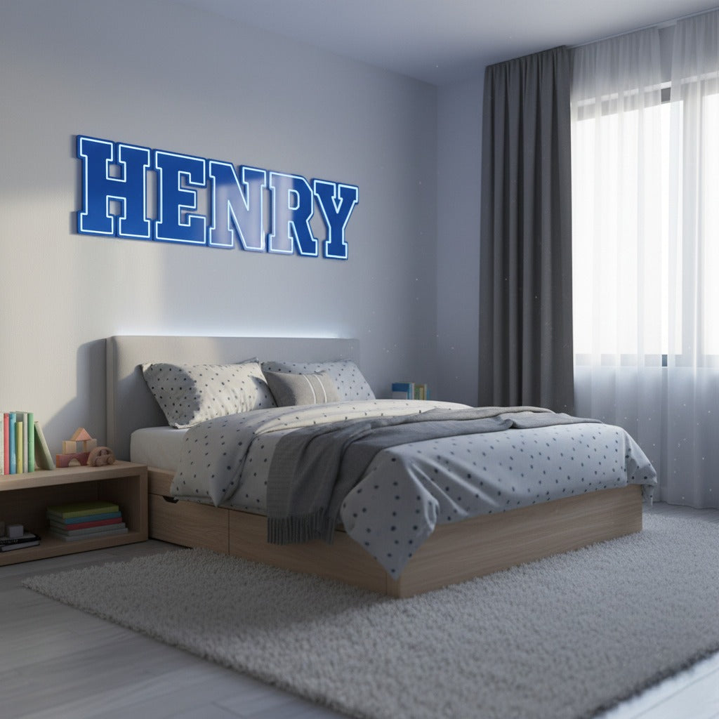 Custom 3D Wall Name Sign – Blue Acrylic Face with White Border & Black PVC Base